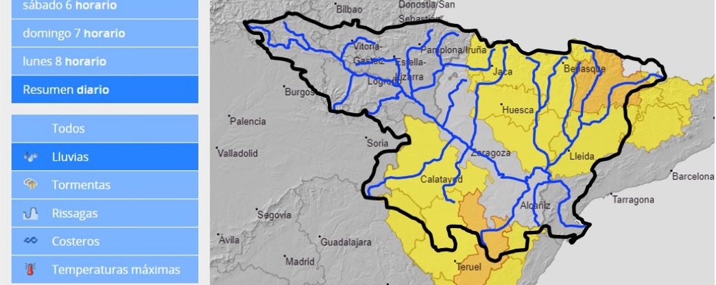 AVISO HIDROLÓGICO - Debido a las lluvias, se intensifica la vigilancia en cauces con cuenca vertiente pequeña y barrancos, en Pirineo y Prepirineo, y Sierra de Gúdar-Maestrazgo, y de menor intensidad en el resto de la mitad Este de la Cuenca del Ebro